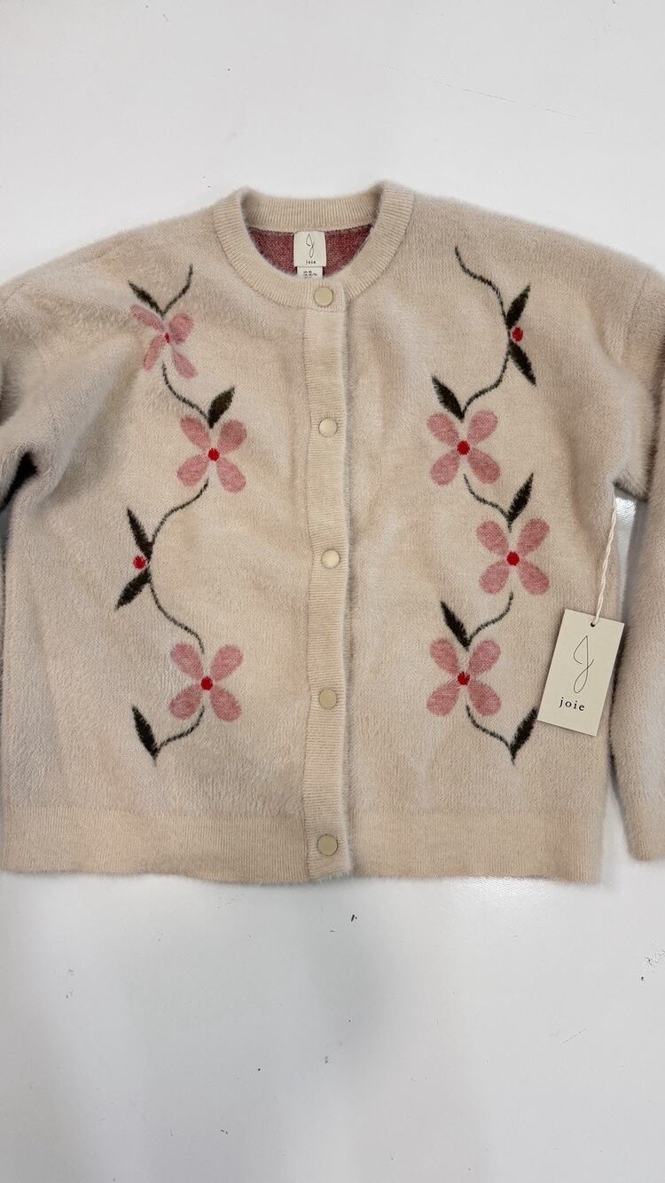 NWT Joie Fuzzy Ivory Knit Cardigan Hand-embroidered Pink Flowers Snap Front XL